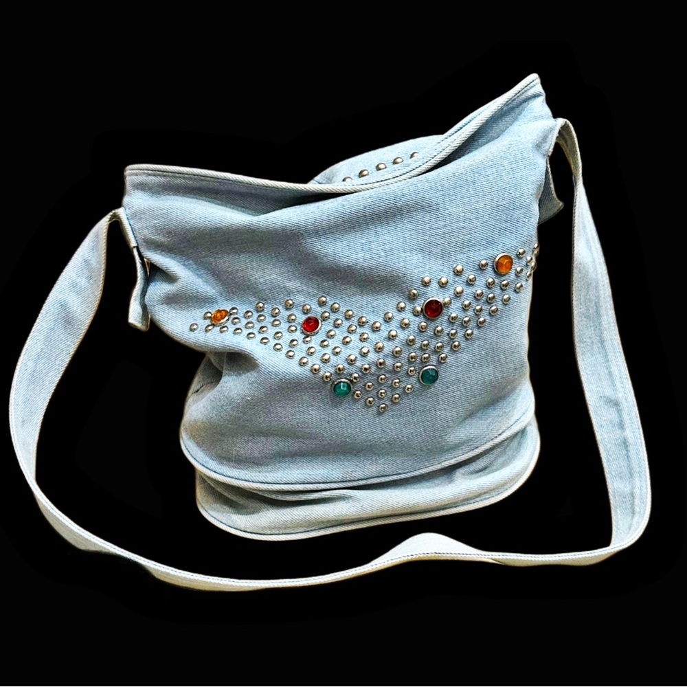 Vintage 1980s Light Wash Denim Bucket Bag with Studs & Multicolored Cabochons
